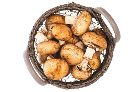 Fresh mushrooms in basket close up isolated on white backgroundの写真素材