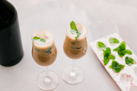 Alcohol cream liquor with ice and mint leaves close up on light grey backgroundの写真素材