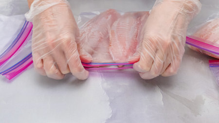 Fresh raw fish fillet in zip lock bags. Tilapia fillet on light marble background, close up. Woman hands put  fillet in zip lock bags for freezingの写真素材