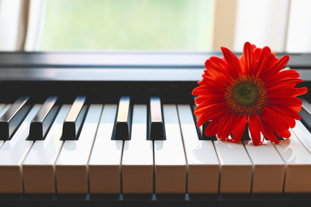 Red gerbera on a piano keyboard near the open windowの写真素材