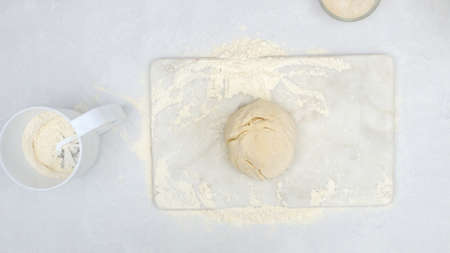 bread dough close up on kitchen table, flat lay. Step by step homemade cheese bread recipe, baking...
