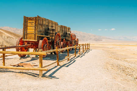 Death Valley, CA, USA - April 15, 2021 20 Mule Team Borax wagon train in historic Harmony Borax Works area in Death Valley National Park, Californiaのeditorial素材