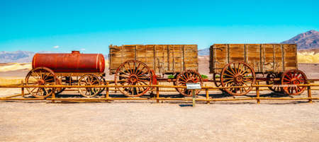 Death Valley, CA, USA - April 15, 2021  A 20 Mule Team Borax wagon train in historic Harmony Borax Works area in Death Valley National Park, Californiaのeditorial素材