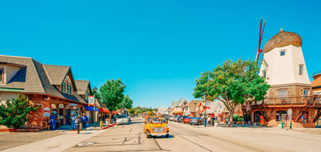 Solvang, California, USA - May 29, 2021  Main Street and Windmill in Solvang, a City in Southern California's Santa Ynez Valley. The City Has Known for its Traditional Danish Style Architectureのeditorial素材