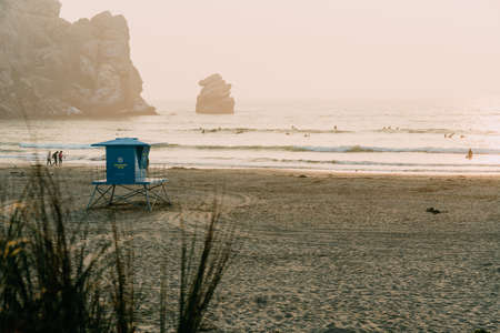 Morro Bay State Park, California/USA  - September 13, 2020.  Sunset on the beach, Morro Bay, Californiaのeditorial素材