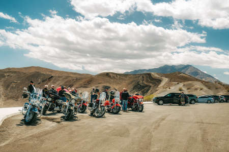 Death Valley, California, USA- April 14, 2021  Group of bikers in Death Valley, Ubehebe Crater Viewpoint. Extreme Sport, Active lifestyle, Adventure conceptのeditorial素材