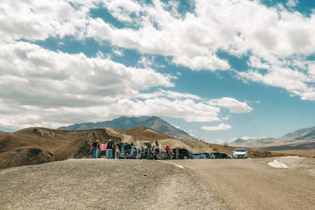 Death Valley, California, USA- April 14, 2021  Group of bikers in Death Valley, Ubehebe Crater Viewpoint. Extreme Sport, Active lifestyle, Adventure conceptのeditorial素材