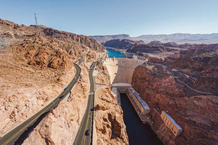 Hoover Dam, Nevada-Arizona, USA - October 2, 2021 Hoover Dam in the Black Canyon of the Colorado River view from the Mike O'Callagham-Pat Tillman Memorial Bridgeのeditorial素材