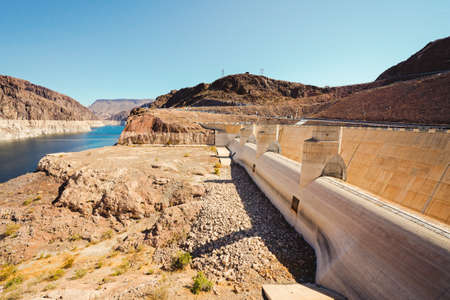 Hoover Dam, Nevada-Arizona, USA - October 2, 2021 Hoover Dam, the largest water reservoir in the US is now barely a third full. Drought is dropping water level to a histotically low levelのeditorial素材