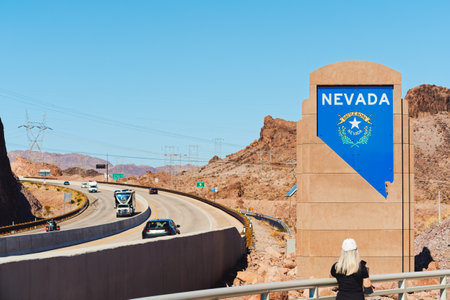 Hoover Dam, Nevada-Arizona, USA - October 2, 2021 Nevada sign in the Black Canyon, view from The Mike O'Callagham- Pat Tillman Memorial Bridgeのeditorial素材