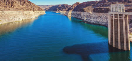 Hoover Dam, Nevada-Arizona, USA - October 2, 2021 Lake Mead falls to lowest water level since Hoover Dam's construction reservoir was filled in the 1930のeditorial素材