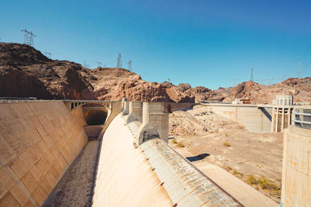Hoover Dam, Nevada-Arizona, USA - October 2, 2021 Hoover Dam, the largest water reservoir in the US is now barely a third full. Drought is dropping water level to a histotically low levelのeditorial素材