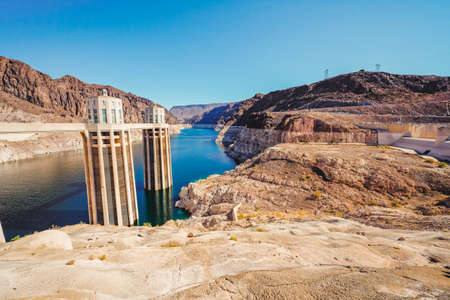 Hoover Dam, Nevada-Arizona, USA - October 2, 2021 Hoover Dam, the largest water reservoir in the US is now barely a third full. Drought is dropping water level to a histotically low levelのeditorial素材