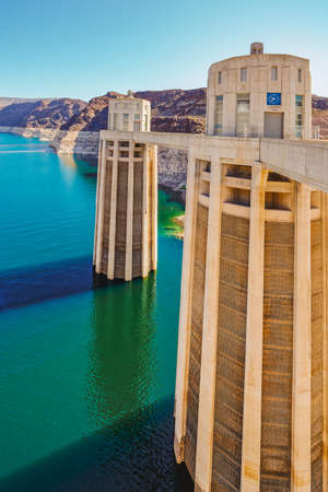 Hoover Dam, Nevada-Arizona, USA - October 2, 2021 Hoover Dam, the largest water reservoir in the US is now barely a third full. Drought is dropping water level to a histotically low levelのeditorial素材