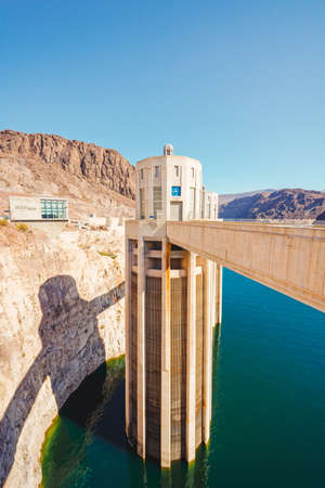 Hoover Dam, Nevada-Arizona, USA - October 2, 2021 Hoover Dam, the largest water reservoir in the US is now barely a third full. Drought is dropping water level to a histotically low levelのeditorial素材