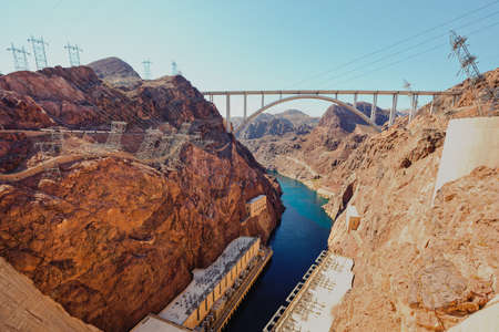 Hoover Dam, Nevada-Arizona, USA - October 2, 2021 The word's biggest arch bridge - Hoover Dam bridge connects Arizona and Nevada. View from dam walkwayのeditorial素材
