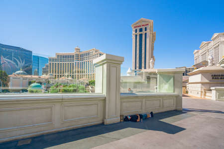 Las Vegas, Nevada, USA - October 1, 2021  Caesars Palace and Bellagio Hotel and Casino in Las Vegas Strip. Street view, architecture, people, sunny day with cler blue sky backgroundのeditorial素材