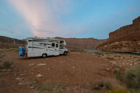 Arizona, USA - September 29, 2021. Rocky beach camping. RV trailer, Colorado River camping, Arizona