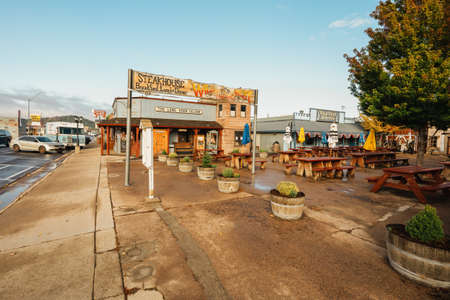 Williams, Arizona, USA - September 27, 2021 Wild West Junction set along Historic Route 66 is the night time place in Williams to have some good adult fun, a dining and entertainment complex, street viewのeditorial素材