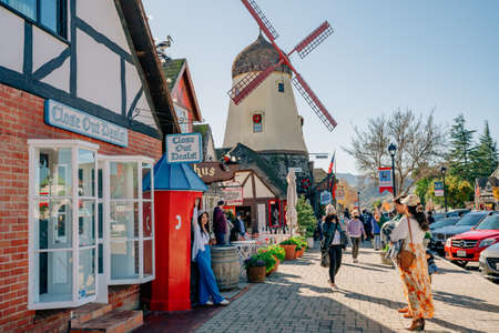 Solvang, California, USA - December 28, 2021  Windmill in Solvang, Tower Pizza on Main Street. Architecture, street view, traditional Danish Style, little Denmark in Californiaのeditorial素材