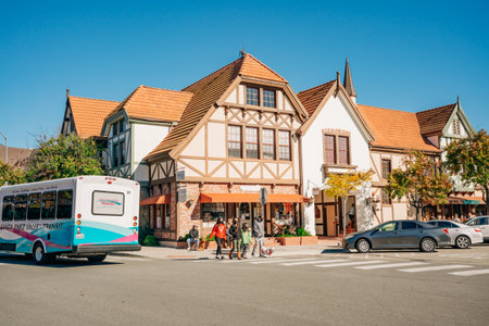 Solvang, California, USA - December 28, 2021  Downtown of Solvang, restaurants with people, street view, tourists. Solvang is a City in Southern California's Santa Ynez Valley.のeditorial素材