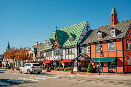 Solvang, California, USA - December 28, 2021  Solvang, architecture and street view. Popular touristic destination, Solvang Village in Santa Barbara County, Californiaのeditorial素材