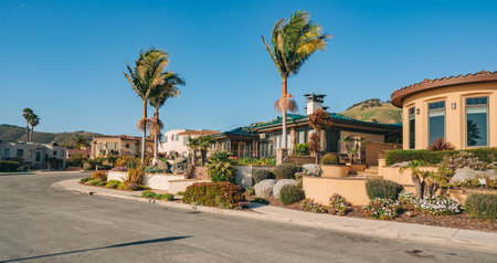 Beautiful houses with nicely landscaped front the yard and clear blue sky on background in a small beach town in California.の写真素材