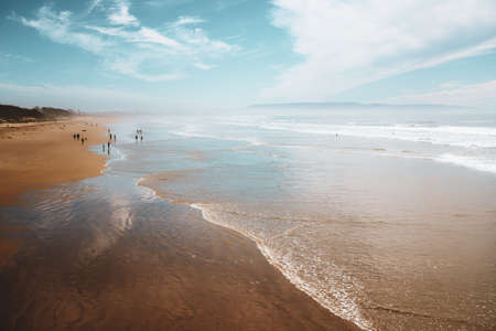 Wide sandy beach and ocean view at sunset, Pismo Beach, California Central Coastの写真素材