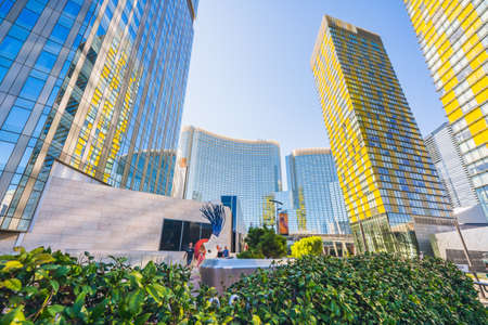 Las Vegas, Nevada, USA - October 1, 2021    Luxury Mandarin Oriental Residences, and Aria Resort and Casino in Downtown Las Vegas. Modern architecture, street viewのeditorial素材