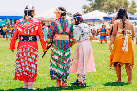 Malibu, California, USA - April 9, 2022. Powwow.  Native Americans men dancing.  Chumash Day Powwow and Intertribal Gathering.のeditorial素材