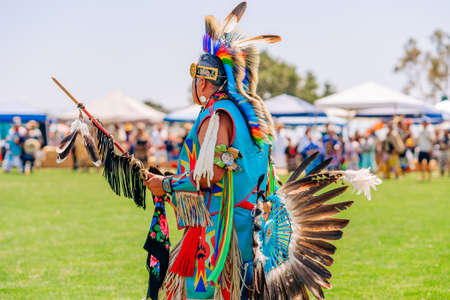 Malibu, California, USA - April 9, 2022. Powwow.  Native Americans dressed in full regalia. Details of regalia close up.  Chumash Day Powwow and Intertribal Gathering.のeditorial素材