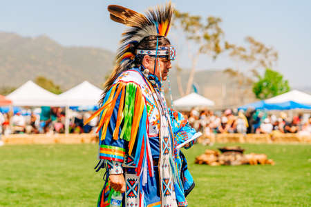 Malibu, California, USA - April 9, 2022. Powwow. Portrait of Native American Man in Full Regalia ...
