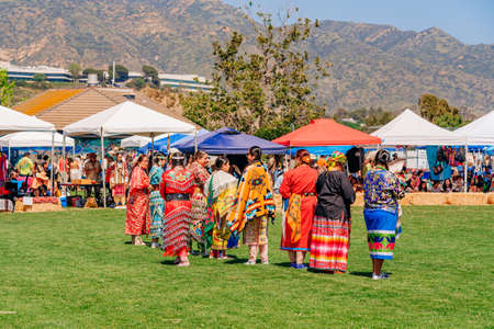 Malibu, California, USA - April 9, 2022. Powwow.  Native Americans dressed in full regalia. Chumash...