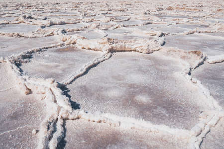 Salt flats, upheaved salt plates below sea level in Death Valley National Park. Close up texture. Badwater Basin, famous touristic destinationの写真素材