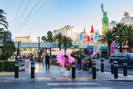 Las Vegas, Nevada, USA - May 4, 2022. Las Vegas street view. Architecture, traffic, walking people,...