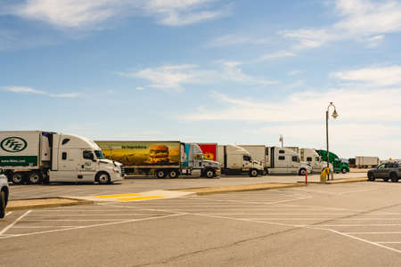 San Bernardino County, California, USA - May 5, 2022.  Rest area for heavy trucks and cars. Valley...