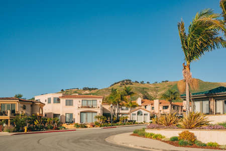 Beautiful houses with nicely landscaped front the yard and clear blue sky on background in a small...