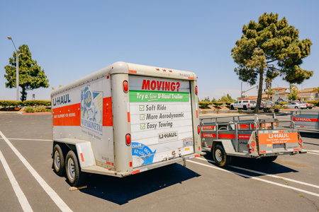 Santa Maria, California, USA-June 29, 2022.  U-Haul moving van garage and parking lot in Santa...
