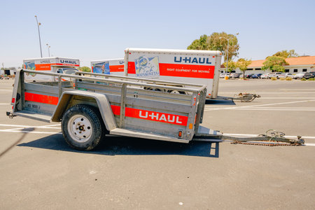 Santa Maria, California, USA-June 29, 2022.  U-Haul moving van garage and parking lot in Santa...