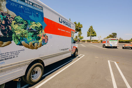 Santa Maria, California, USA-June 29, 2022.  U-Haul moving van garage and parking lot in Santa Maria, California. U-Haul company offers moving and storage solutions.のeditorial素材