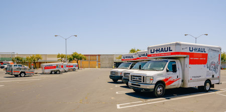 Santa Maria, California, USA-June 29, 2022.  U-Haul moving van garage and parking lot in Santa Maria, California. U-Haul company offers moving and storage solutions.のeditorial素材