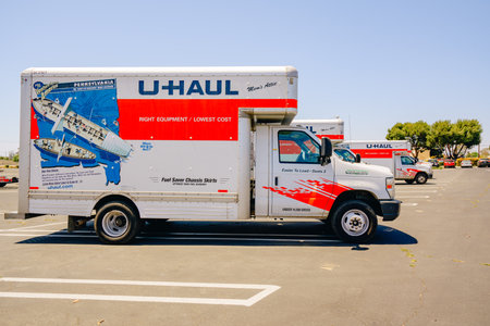 Santa Maria, California, USA-June 29, 2022.  U-Haul moving van garage and parking lot in Santa Maria, California. U-Haul company offers moving and storage solutions.のeditorial素材