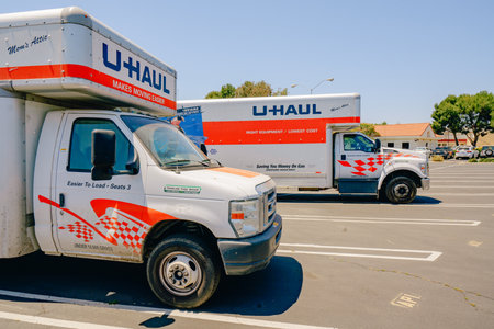 Santa Maria, California, USA-June 29, 2022.  U-Haul moving van garage and parking lot in Santa Maria, California. U-Haul company offers moving and storage solutions.のeditorial素材