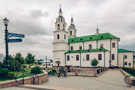 Minsk, Belarus - August 27, 2021  City Hall Square and Cathedral of Holy Spirit in historic upper town of the cityのeditorial素材
