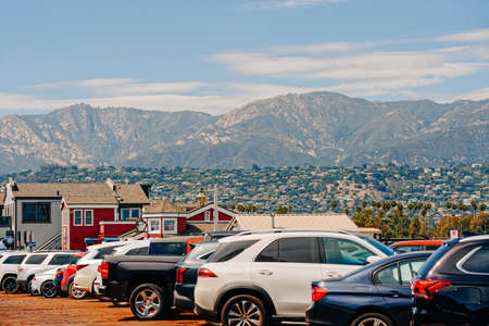 Santa Barbara, California, USA - August 1, 2022  Santa Barbara wharf parking lot. Parked cars, and...