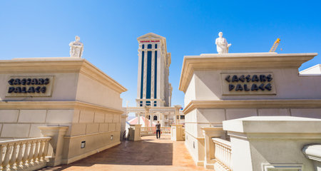 Las Vegas, Nevada, USA - October 1, 2021   Caesars Palace and Bellagio Hotel and Casino in Las Vegas Strip. Street view, architecture, people, sunny day with cler blue sky backgroundのeditorial素材