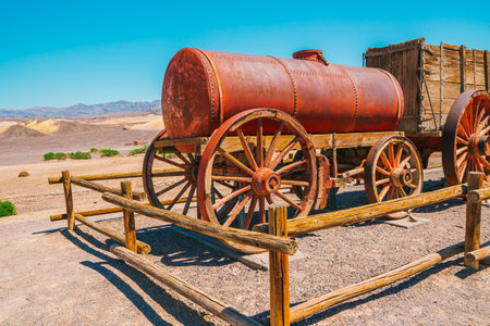 Death Valley, CA, USA - April 15, 2021 20 Mule Team Borax wagon train in historic Harmony Borax Works area in Death Valley National Park, Californiaの素材 [FY310195107953]