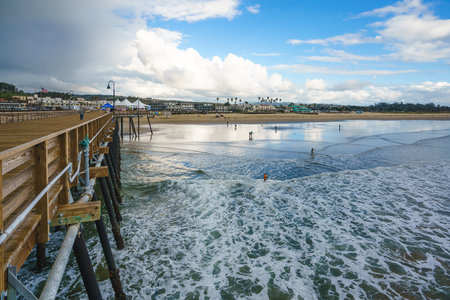 Pismo Beach, California - December 6, 2022. Pismo Beach pier, an old wooden pier in the heart of Pismo Beach city, Californiaのeditorial素材
