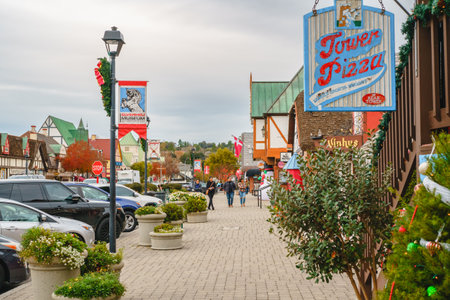Solvang, California, USA - December 8, 2022  Solvang Tower Pizza on Main Street. Architecture, street view, traditional Danish Style, little Denmark in Californiaのeditorial素材