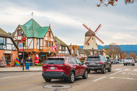 Solvang, California, USA - December 8, 2022  Downtown of Solvang, restaurants with people, street view, tourists. Danish Style, little Denmark in Californiaのeditorial素材